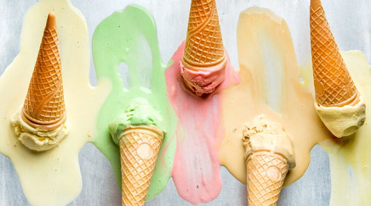 Why does ice cream melt and how to stop ice cream from melting. Image of melted ice cream cones.