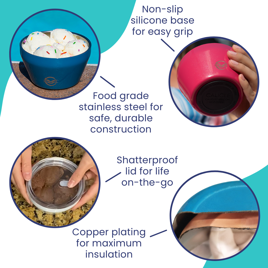 Infographic showing Calicle vacuum insulated bowl features. Features include non-slip silicone base, stainless steel construction, copper plating and included lid.