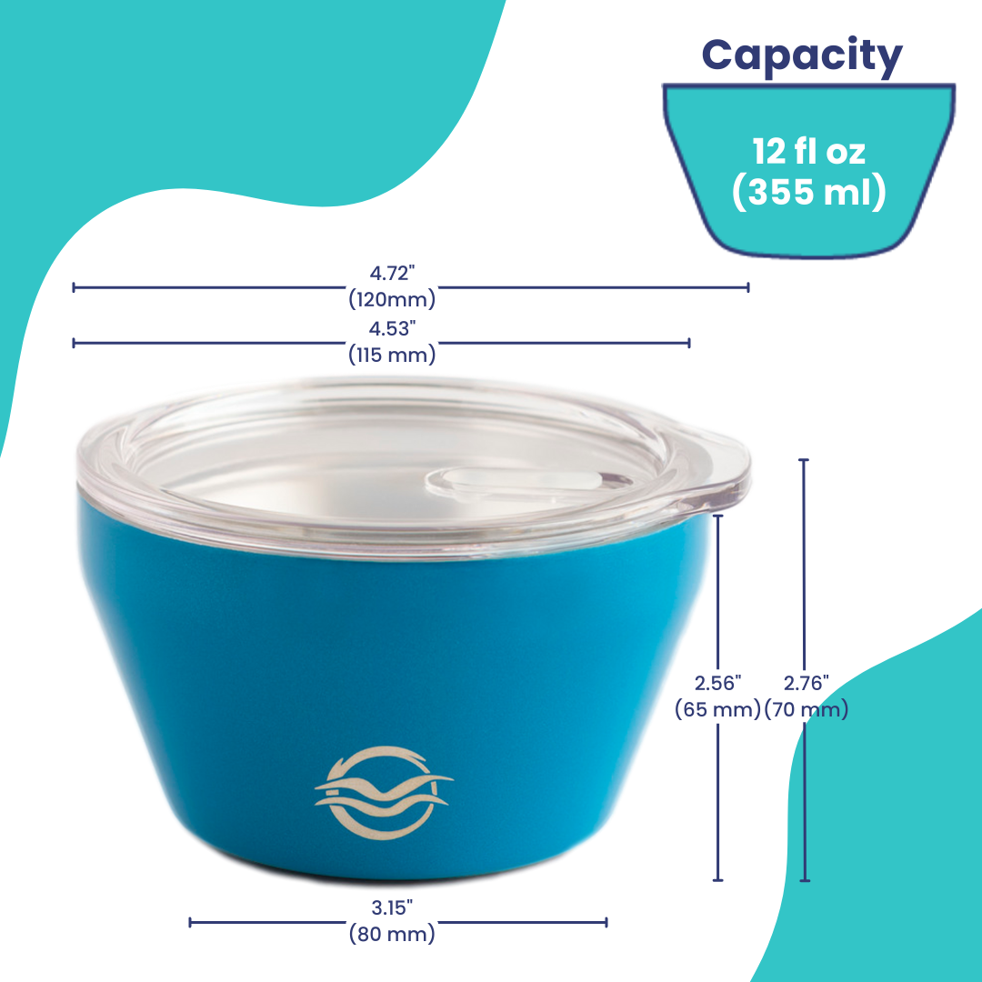 Infographic showing Calicle vacuum insulated bowl dimensions and capacity