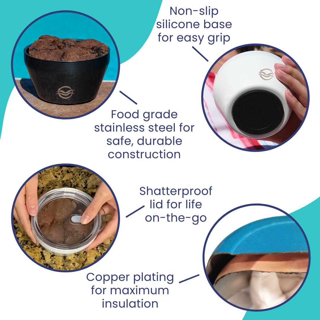 Infographic image of Calicle vacuum insulated ice cream bowl features. Features include non-slip silicone base, copper-plated stainless steel construction, and included lid.