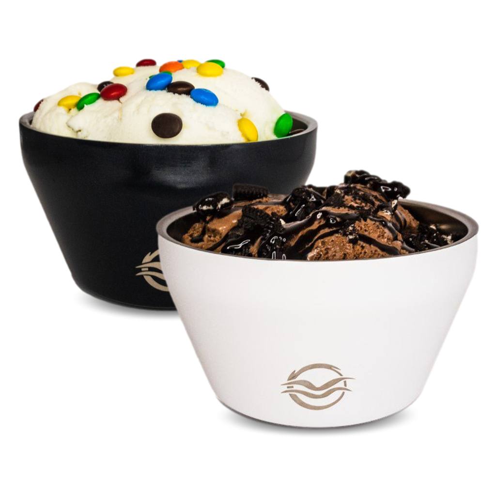 Black and white Calicle vacuum insulated ice cream bowls filled with ice cream, keep your ice cream from melting up to 200% longer.