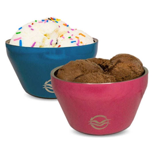 Pink and blue Calicle vacuum insulated ice cream bowls filled with ice cream, keep your ice cream from melting up to 200% longer.