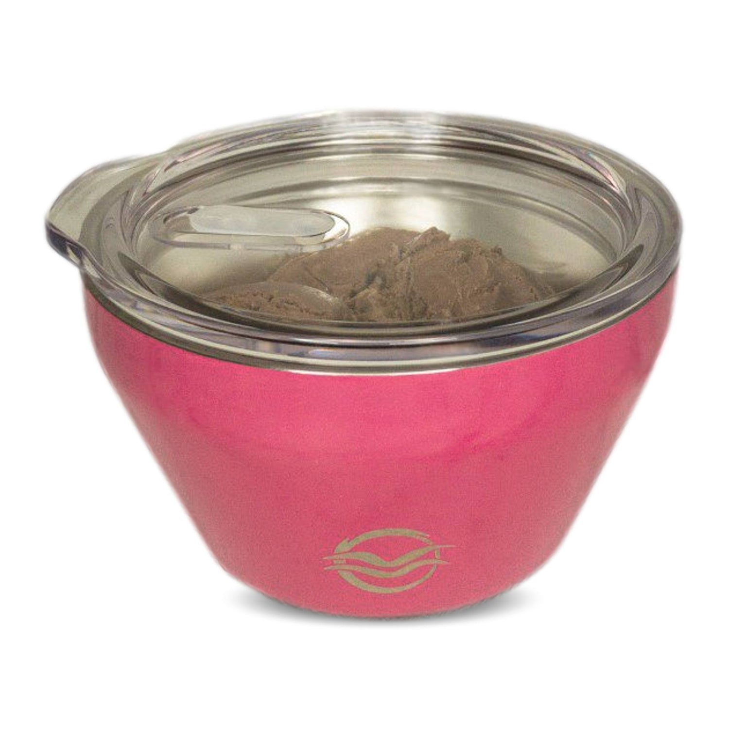 Pink Calicle vacuum insulated ice cream bowl with lid filled with chocolate ice cream